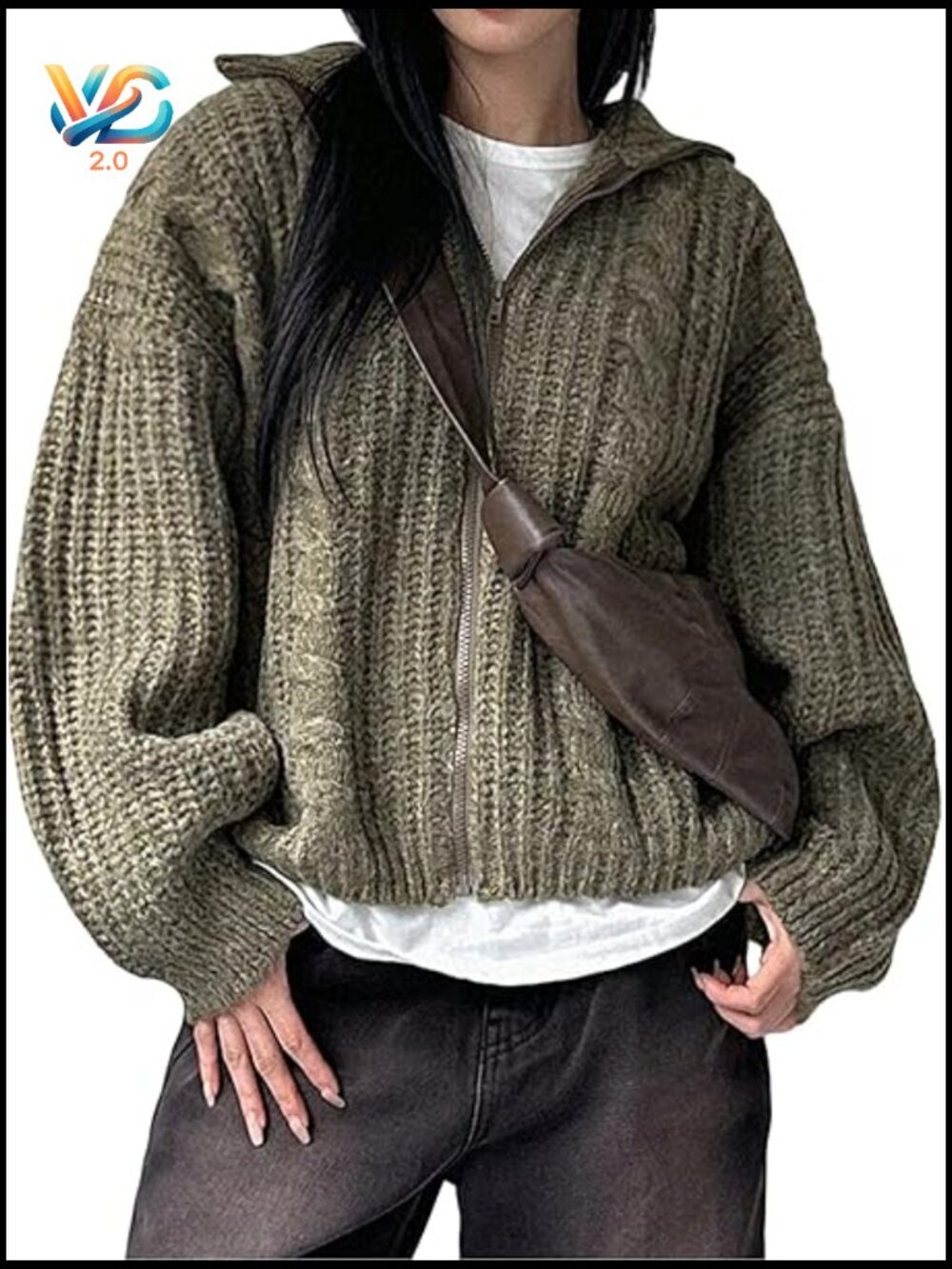 Oversized Chunky Cable Knit Cardigan Zipper Collar Warm Fall Sweater